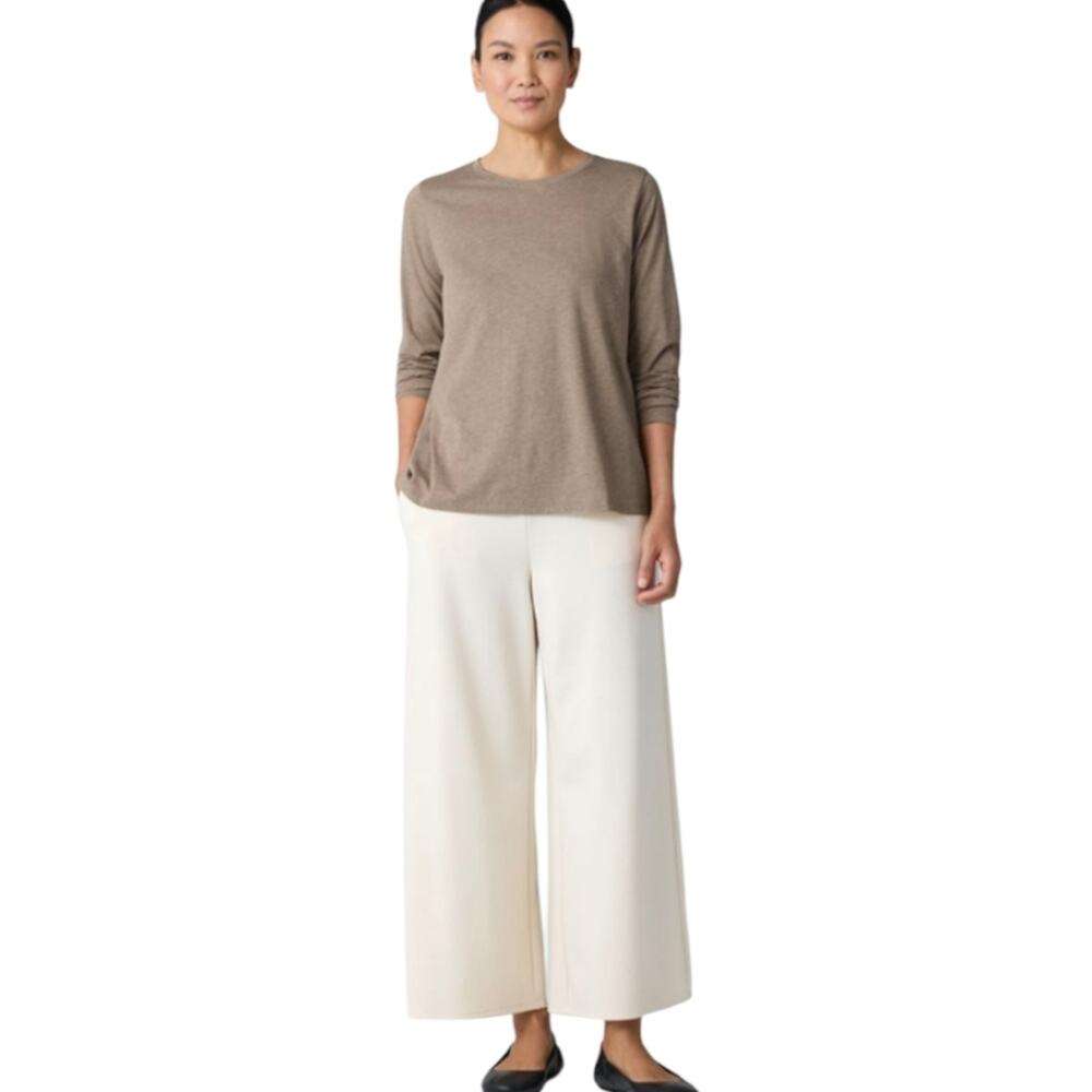 Eileen Fisher Wool Silk Cashmere Tan 3/4 Length Sleeves Lightweight Sweater Med